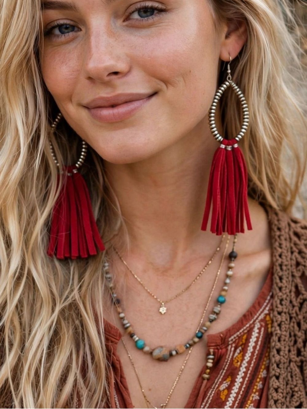 Red Tassel Bead Hoop Earrings - Women Jewelry